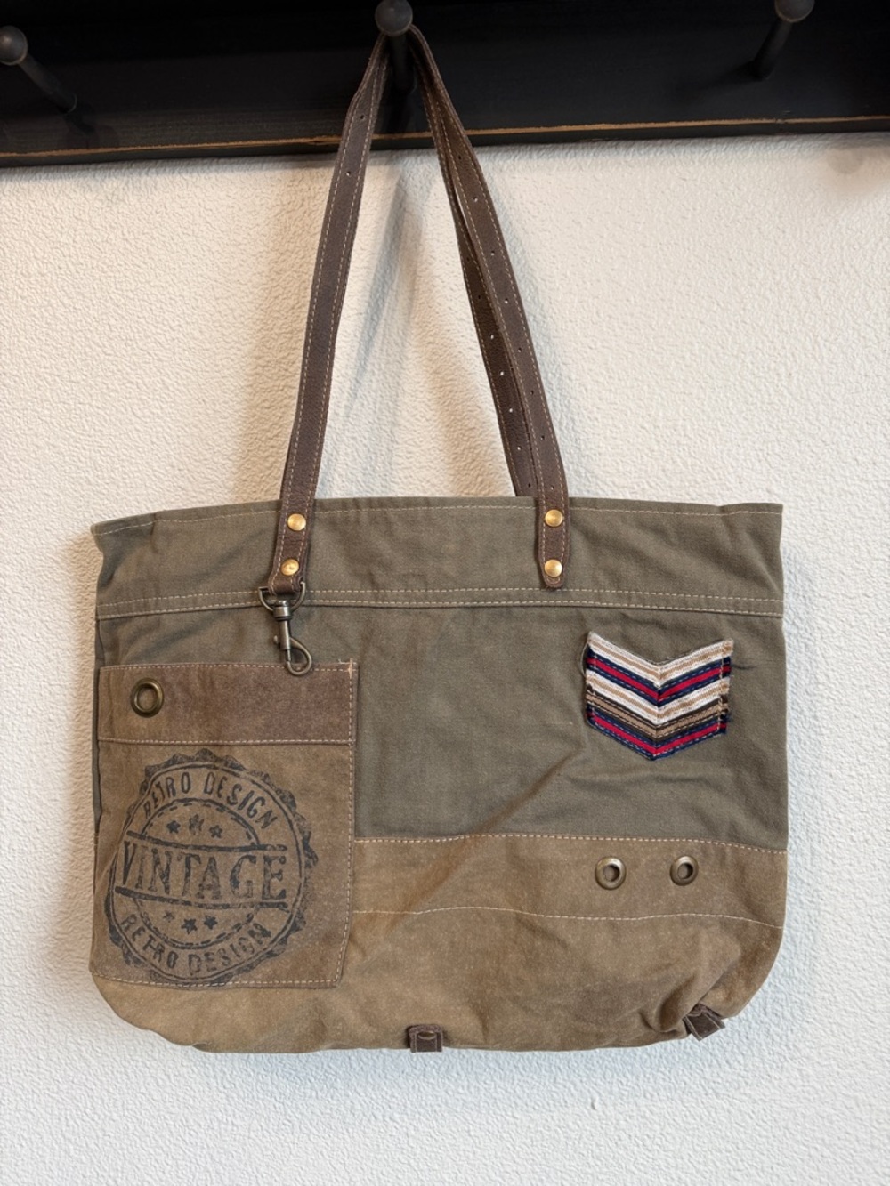 MYRA Military Canvas and Leather Tote Bag Vintage Utility